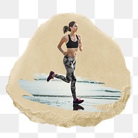 Jogging woman png sticker, ripped paper, transparent background