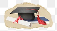 Graduation cap png sticker, ripped paper, transparent background