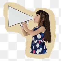 Png Kid using megaphone sticker, ripped paper transparent background