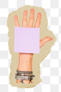 Hand holding note paper png sticker, transparent background