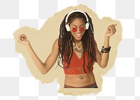 Woman listening to music png sticker, ripped paper, transparent background