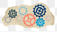 Cog, gear png sticker, ripped paper, transparent background