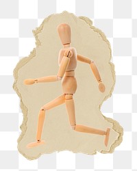 Wooden mannequin png sticker, ripped paper, transparent background