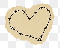 Barbed wire heart png sticker, ripped paper, transparent background