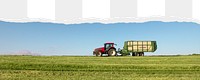 Tractor in field png border, torn paper design, transparent background