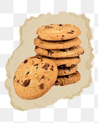 Chocolate chip cookies png sticker, ripped paper, transparent background