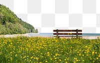Scenic park bench png border, transparent background