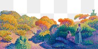 Colorful forest png border, Henri-Edmond Cross's painting, transparent background, digitally enhanced by rawpixel.