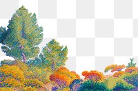 Colorful forest png border, Henri-Edmond Cross's painting, transparent background, digitally enhanced by rawpixel.