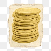 Gold coins, money png sticker, ripped paper, transparent background