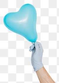 Gloved hand holding a blue heart shaped balloon design element