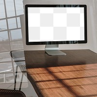 Computer screen png mockup, wooden table transparent design