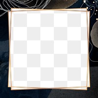 Png square frame dark watercolour marble design, gold, transparent background