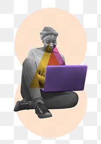 Png woman using laptop sticker, education transparent background