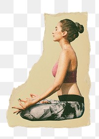 Meditating woman png sticker, ripped paper, transparent background