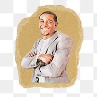 Happy businessman png sticker, ripped paper, transparent background