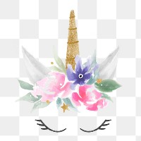 Png aesthetic unicorn head sticker, watercolor design in transparent background