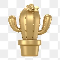 Gold cactus  png sticker, 3D rendering illustration, transparent background