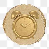 Gold alarm clock  png sticker,  3D ripped paper, transparent background