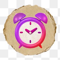 Purple alarm clock  png sticker,  3D ripped paper, transparent background