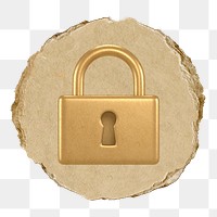 Gold padlock  png sticker,  3D ripped paper, transparent background