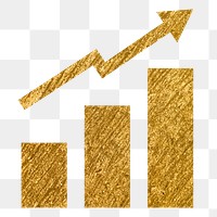 Growing bar png charts icon sticker, gold glittery design, transparent background