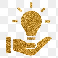 Light bulb png hand icon sticker, gold glittery design, transparent background