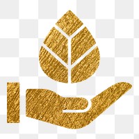 Hand png presenting leaf icon sticker, gold glittery design, transparent background