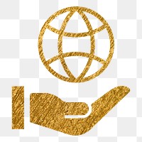 Hand png presenting globe icon sticker, gold glittery design, transparent background