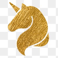 Unicorn png icon sticker, gold glittery design, transparent background