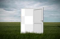 Open door png frame, grass field, transparent design