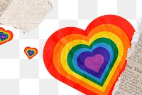 Rainbow heart png element, paper texture design, transparent background