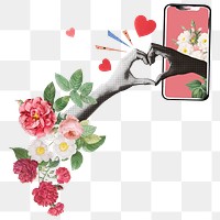 Online dating png sticker, floral heart hand design, transparent background