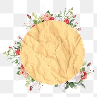 Floral badge png sticker, yellow paper texture design, transparent background