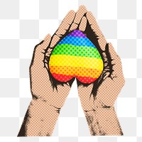 Png rainbow heart in hands sticker, pop art design, transparent background