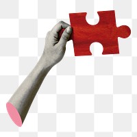 Png hand holding puzzle sticker, red design, transparent background