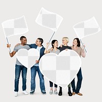 Heart & flags png mockup, transparent design, with diverse people