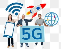 5G connection png sticker, diverse happy people, transparent background