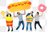 Fast food png sticker, diverse happy people, transparent background