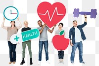 Health & wellness png sticker, diverse people holding icons, transparent background