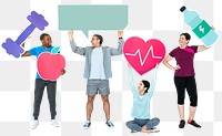 Healthy lifestyle png sticker, diverse people holding icons, transparent background