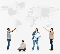 World map png mockup, transparent design, with diverse people