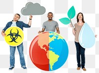 Global warming png sticker, diverse people holding icons, transparent background