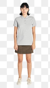 Women&#39;s skirt and gray collared shirt png full body mockup
