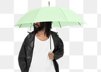 Man holding green umbrella png studio shot