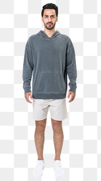 Man png mockup in gray hoodie and shorts street fashion full body