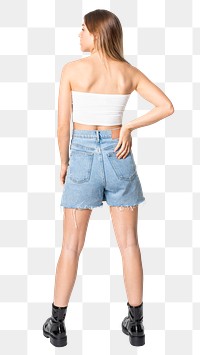 Woman png mockup in white bandeau top and shorts streetwear apparel