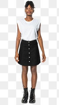 Woman png mockup in white t-shirt top and skirt streetwear apparel