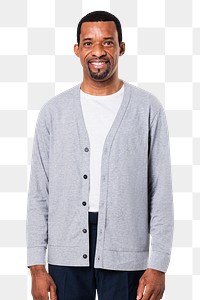 Png gray cardigan mockup on African American man with transparent background