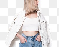 Png blonde girl mockup in white tank crop top streetwear shoot